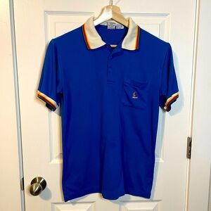 VTG Sea Waves blue ‘Hawaii’ polo shirt w/ rainbow collar & sleeve detail sz L